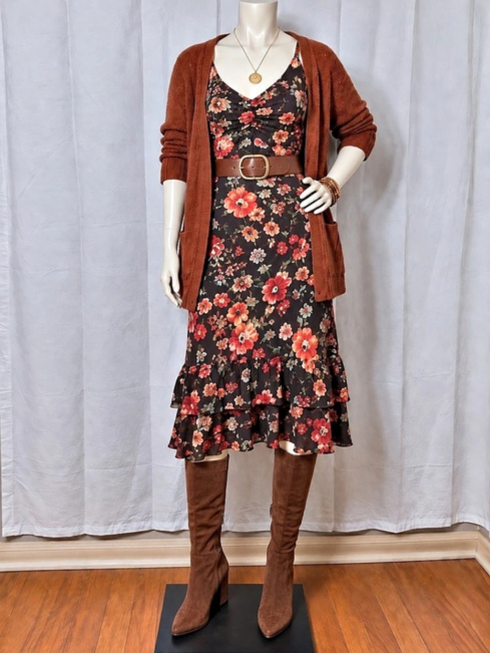 Jones New York Signature 100% Silk Floral Midi Dress Size 14 Ruffle Hem